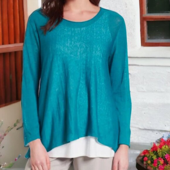 NWT EILEEN FISHER Linen Crepe Knit Jewel Neck Top in Jewel L - Picture 1 of 10